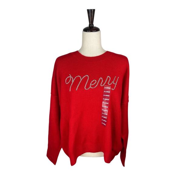 Vince Camuto Womens Size XL Merry Red Holiday Festive Sweater Beaded - Picture 2 of 5